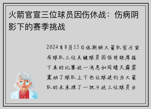 火箭官宣三位球员因伤休战：伤病阴影下的赛季挑战